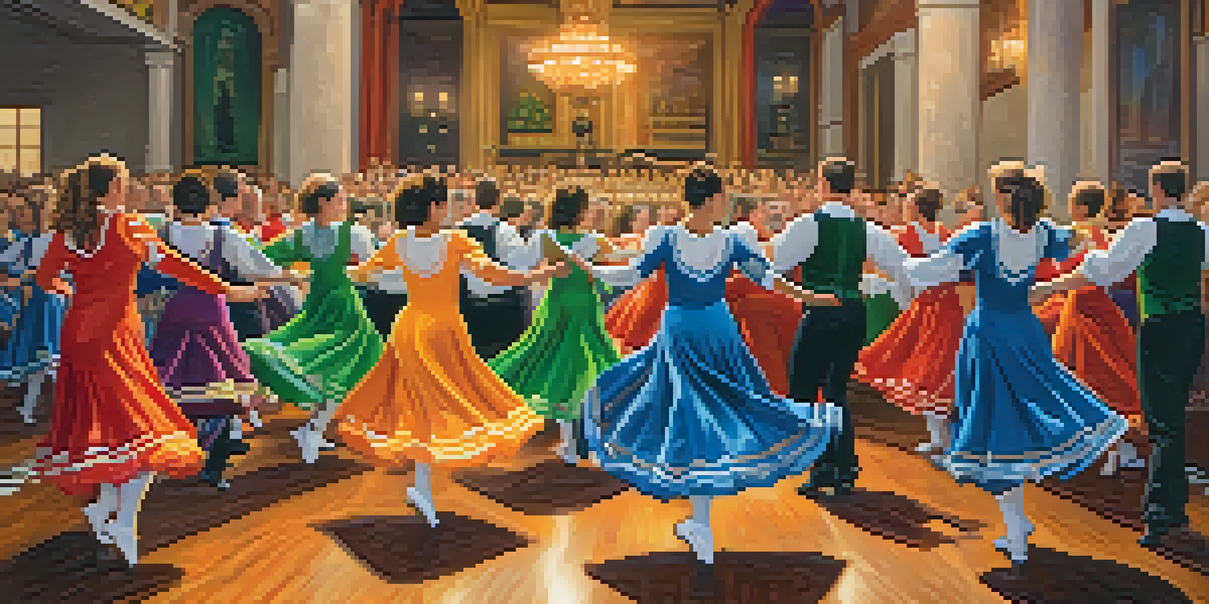 A group of dancers in colorful traditional Irish costumes performing a lively dance, with an engaged audience in the background.