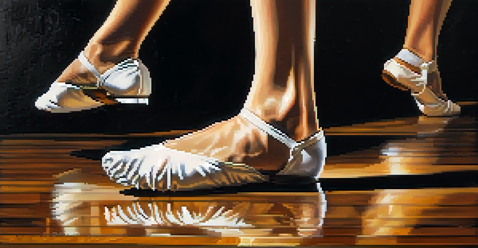 Close-up of a dancer's feet performing intricate moves on a polished wooden stage, illuminated by a spotlight.