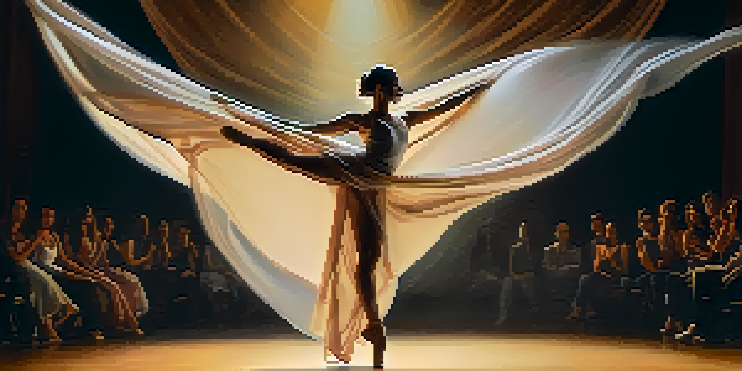 A dancer in a graceful pose on stage with soft lighting and a blurred audience in the background.