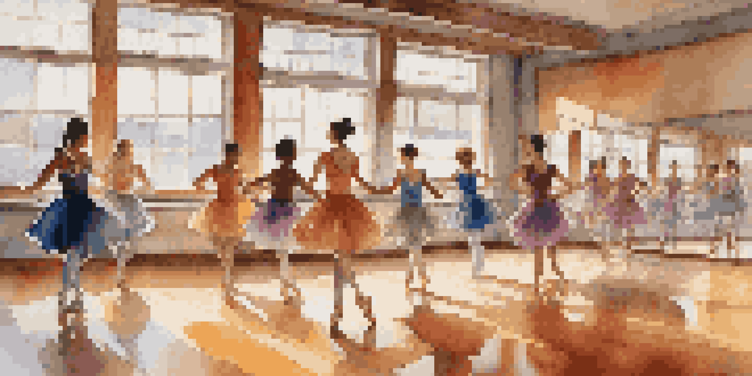 A bright dance studio with a diverse group of dancers practicing together, sunlight illuminating the space.