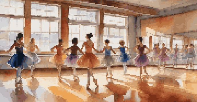 A bright dance studio with a diverse group of dancers practicing together, sunlight illuminating the space.
