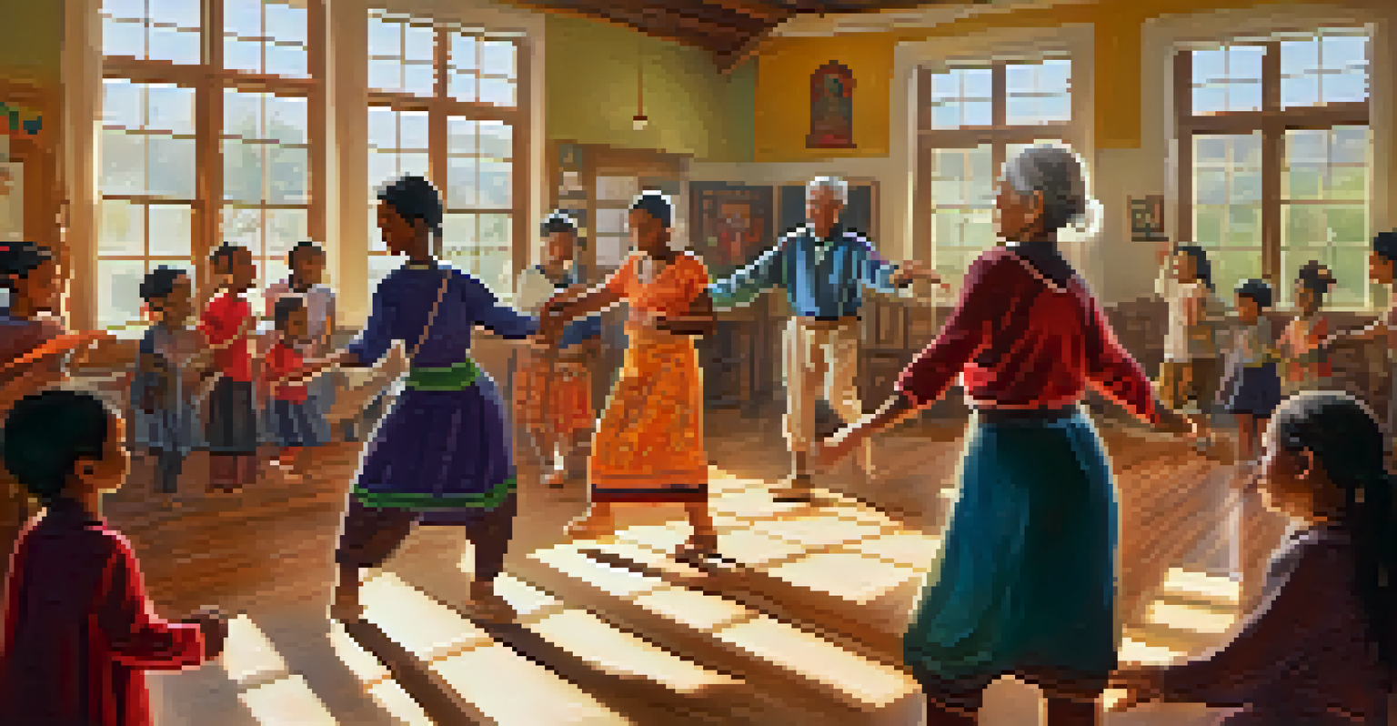 An intergenerational folk dance workshop with grandparents teaching grandchildren traditional dance steps in a community center.