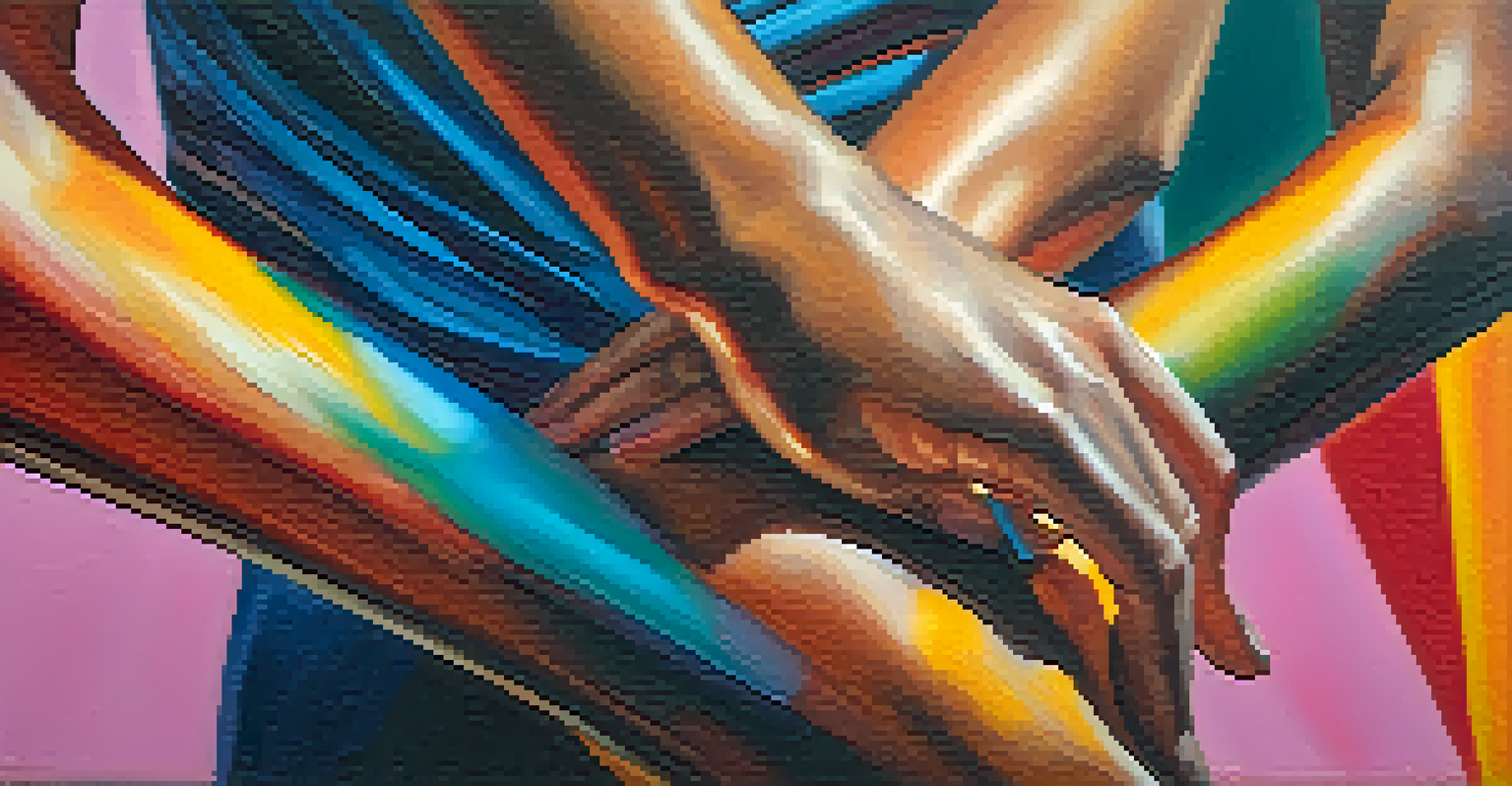 A close-up of a dancer's hands clasped tightly, showing nervousness, against a blurred background of a vibrant stage.