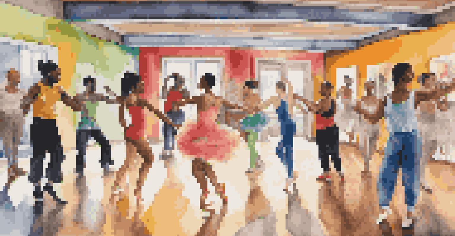 A diverse group of dancers engaged in discussion in a creative space, showcasing different dance styles against a colorful mural background.