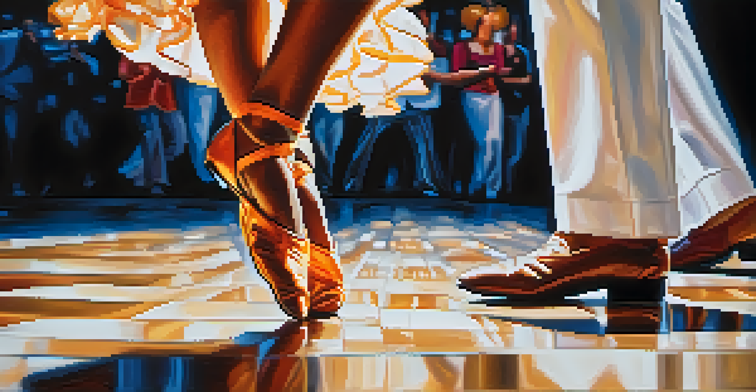 A close-up of a salsa dancer's feet performing intricate footwork on a polished dance floor, with a blurred background.