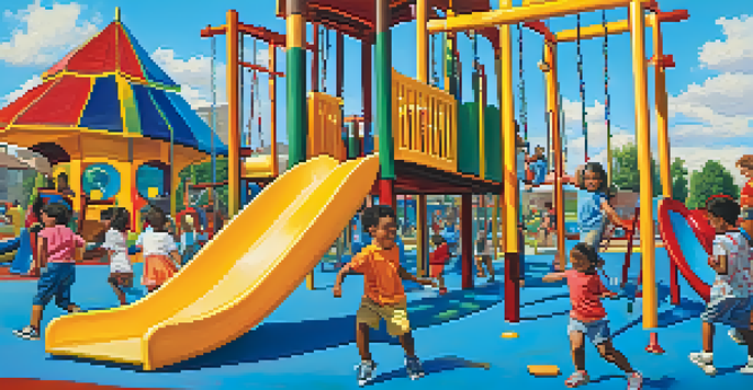 A lively playground filled with children dancing and playing, showcasing diversity and joy.