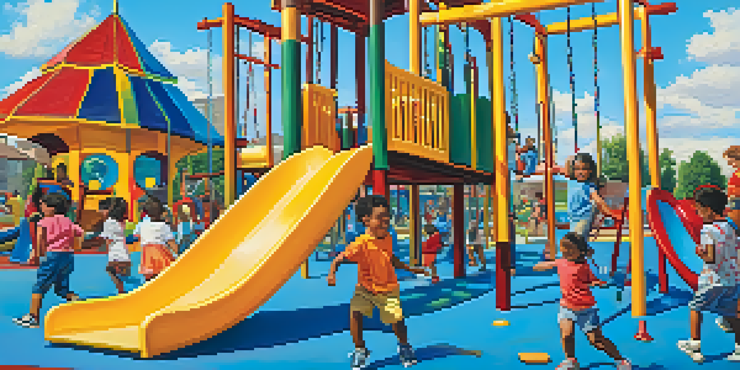 A lively playground filled with children dancing and playing, showcasing diversity and joy.