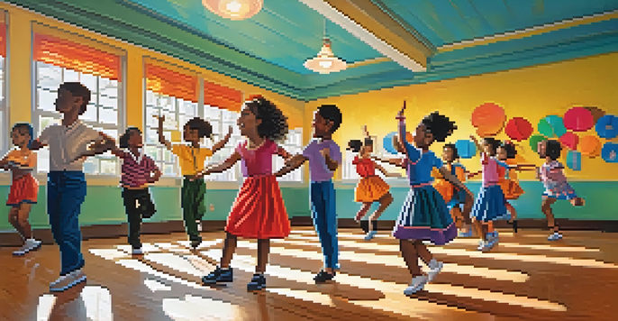 A lively classroom with students of various ethnicities participating in a dance lesson, with a teacher demonstrating moves.
