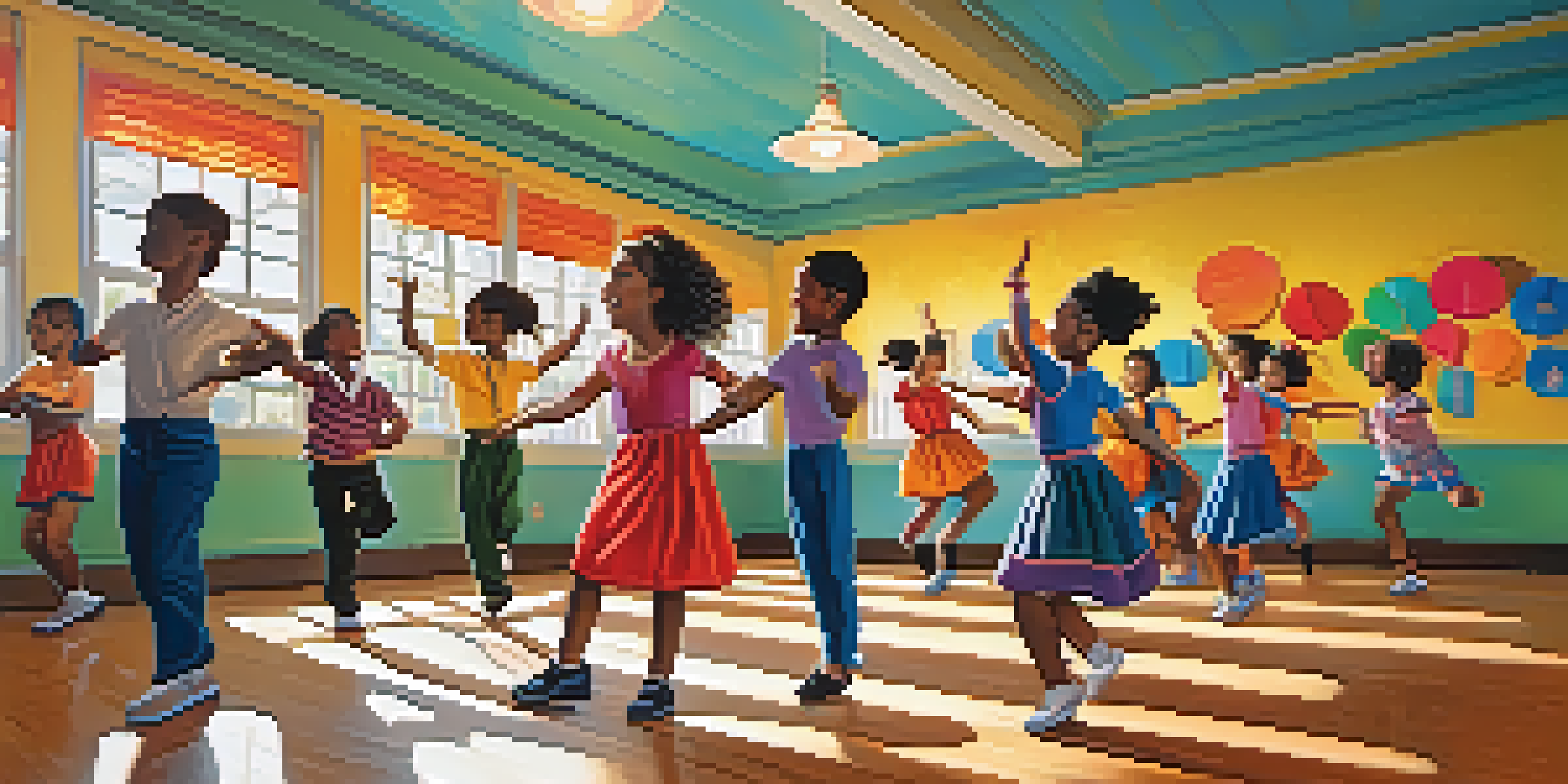 A lively classroom with students of various ethnicities participating in a dance lesson, with a teacher demonstrating moves.