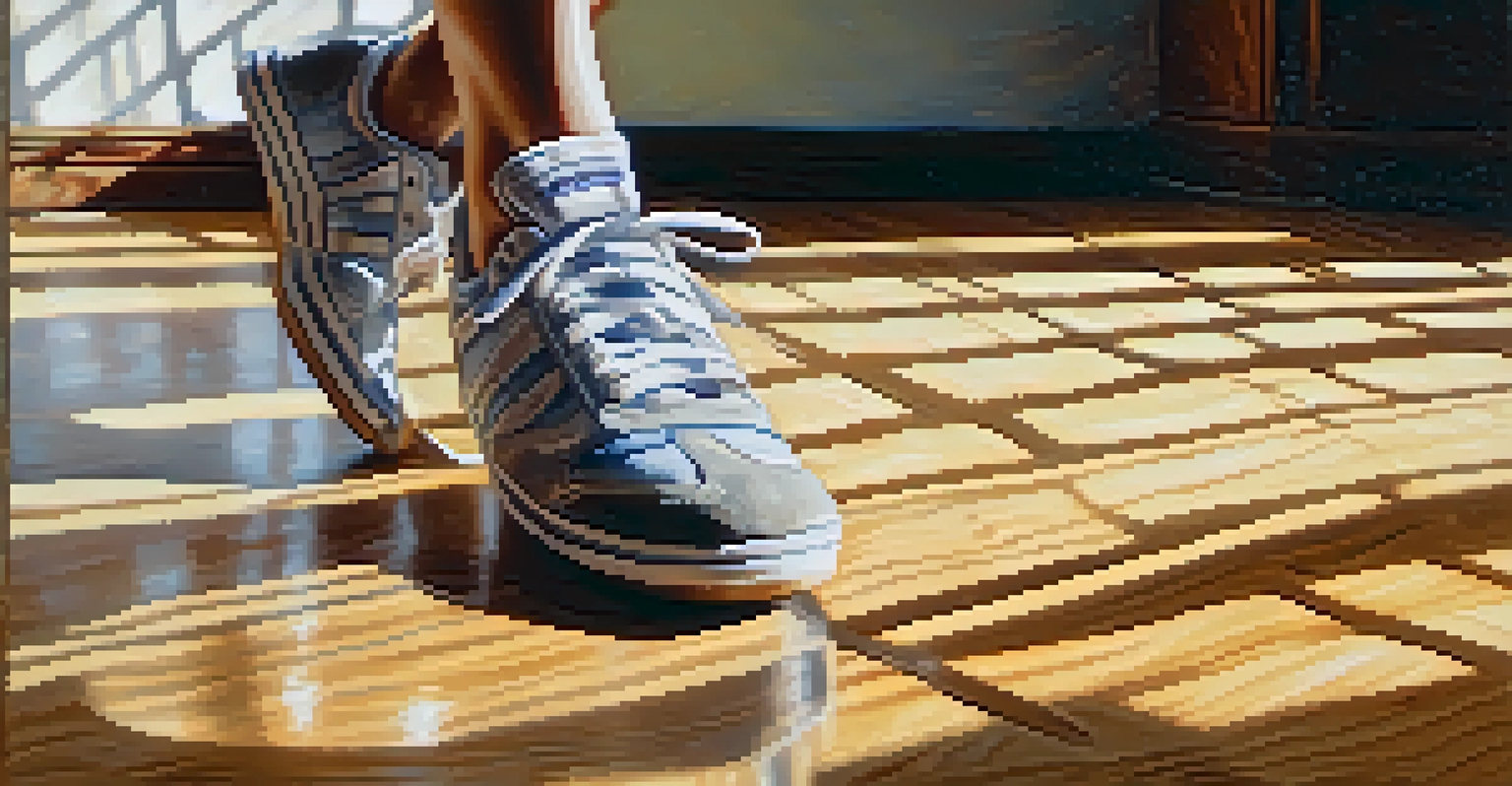 A close-up view of a dancer's feet performing intricate footwork on a wooden floor, illuminated by sunlight filtering through a window.