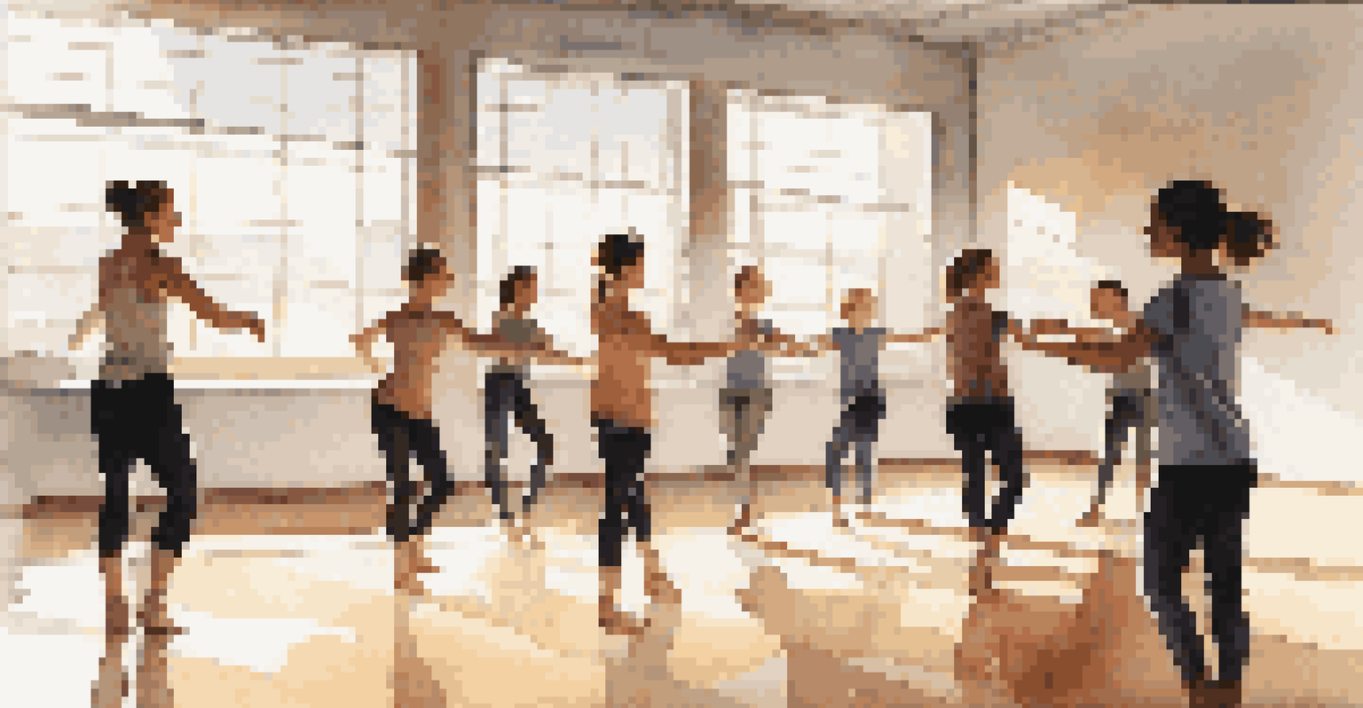 An instructor leading a choreography session with students in a bright dance studio, emphasizing collaboration and learning.