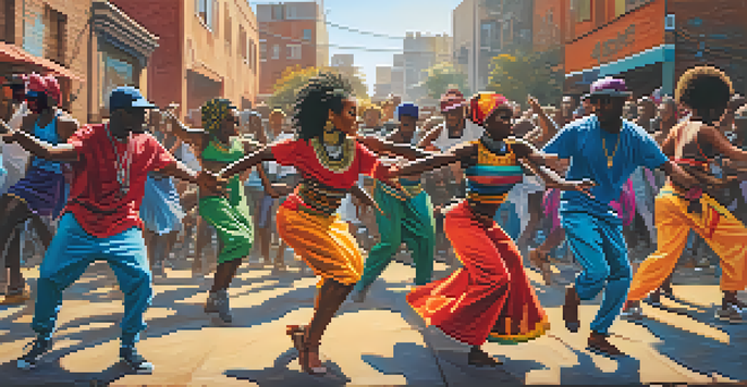 A group of dancers in colorful costumes performing a vibrant fusion of traditional African dance and hip-hop in an urban setting.