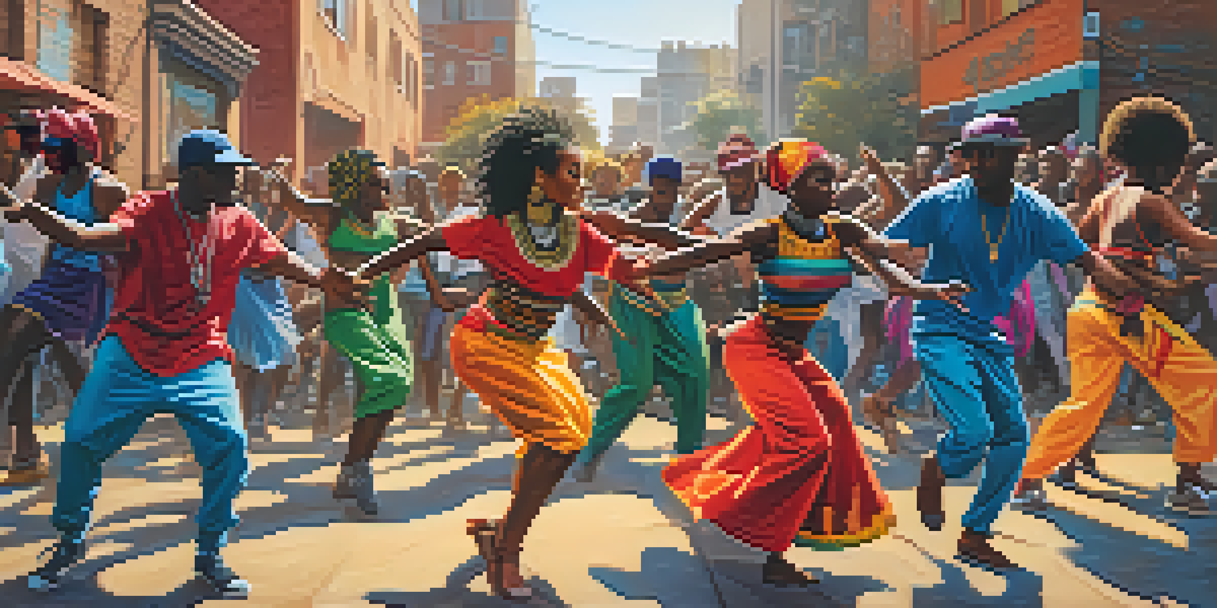 A group of dancers in colorful costumes performing a vibrant fusion of traditional African dance and hip-hop in an urban setting.
