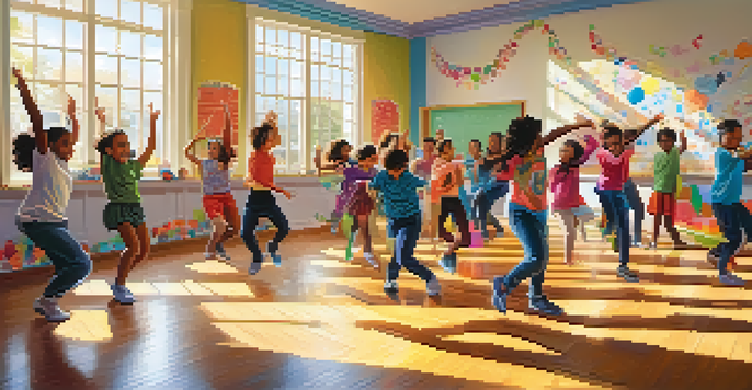 A lively classroom with students of various backgrounds dancing joyfully, surrounded by bright decorations and sunlight.
