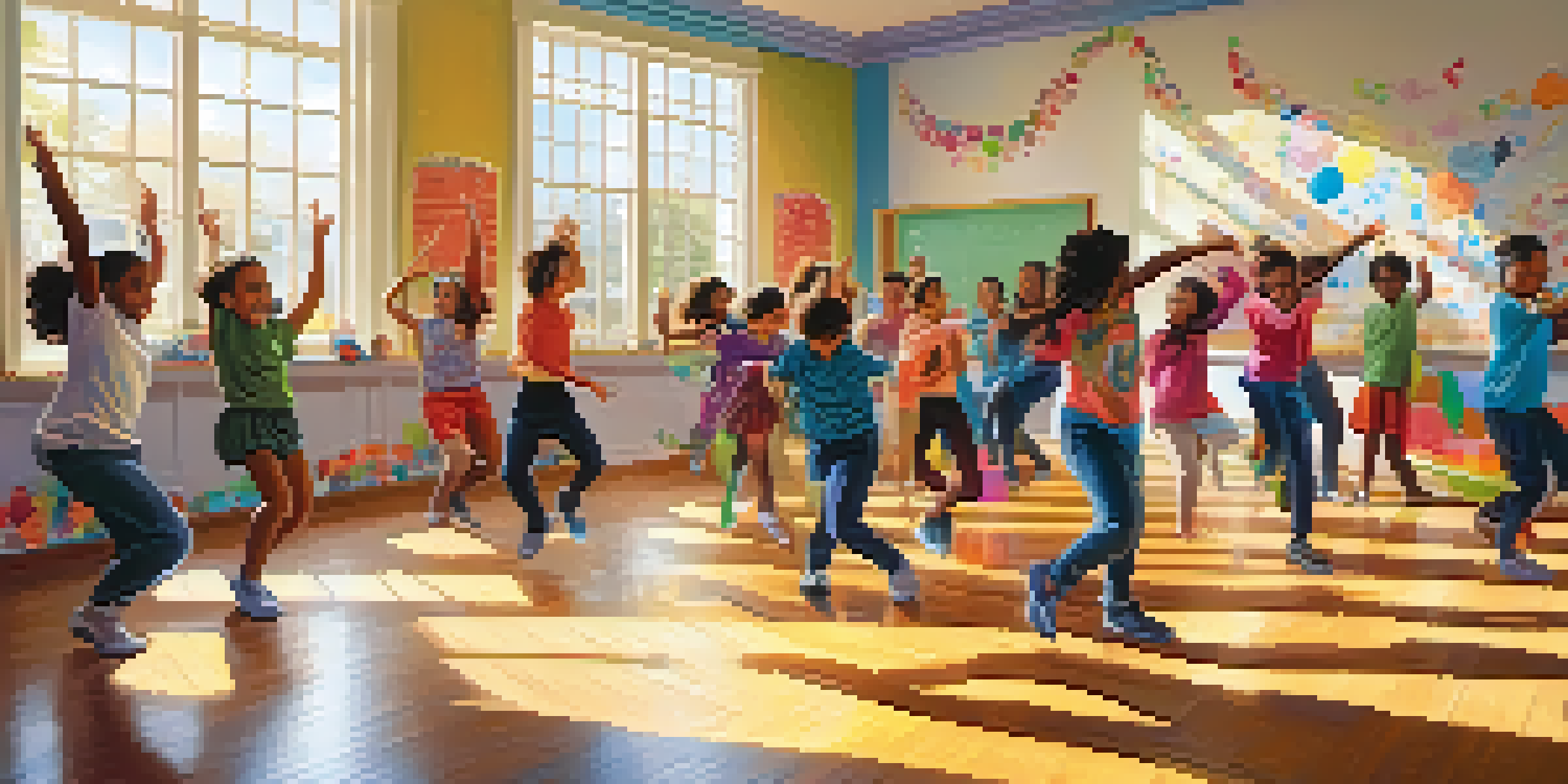 A lively classroom with students of various backgrounds dancing joyfully, surrounded by bright decorations and sunlight.