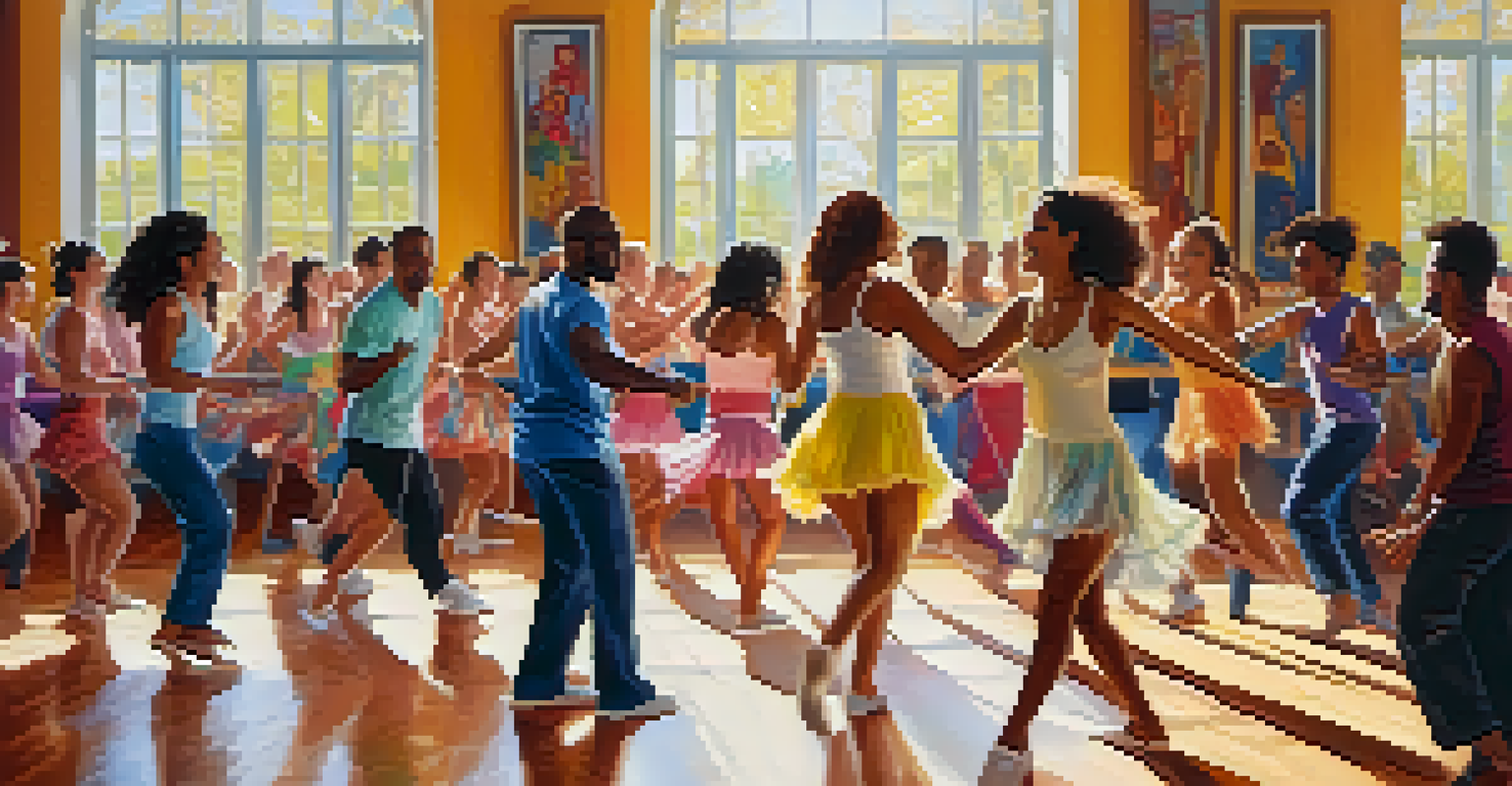 A diverse group of people in a samba dance class, learning from an instructor in a sunlit studio with mirrors, showcasing joyful expressions.