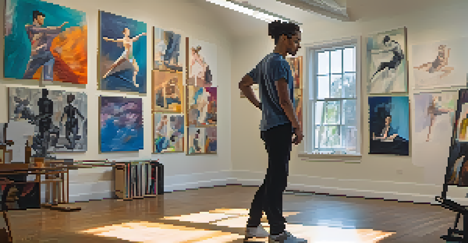 A choreographer in a well-lit studio, surrounded by colorful sketches and paintings, deep in thought about the connection between visual art and dance.