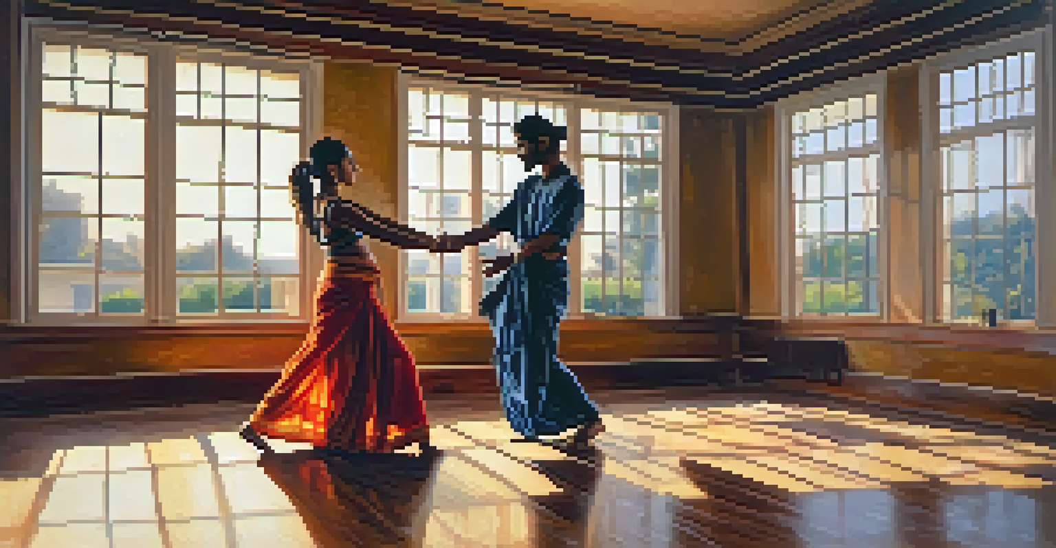 A hip-hop dancer and a classical Indian dancer practicing together in a bright studio, showcasing their unique styles and collaboration.