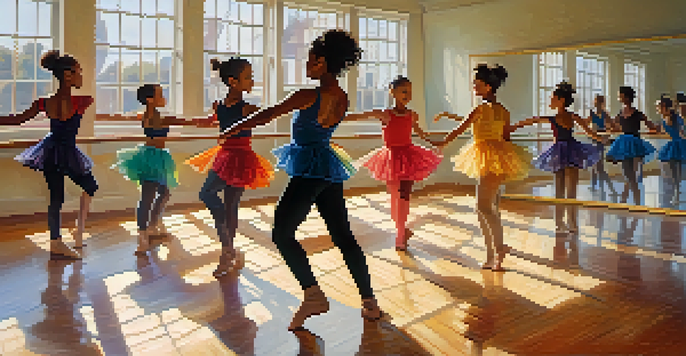 A vibrant dance studio with diverse young dancers practicing, sunlight streaming through windows, reflecting their movements in mirrors.