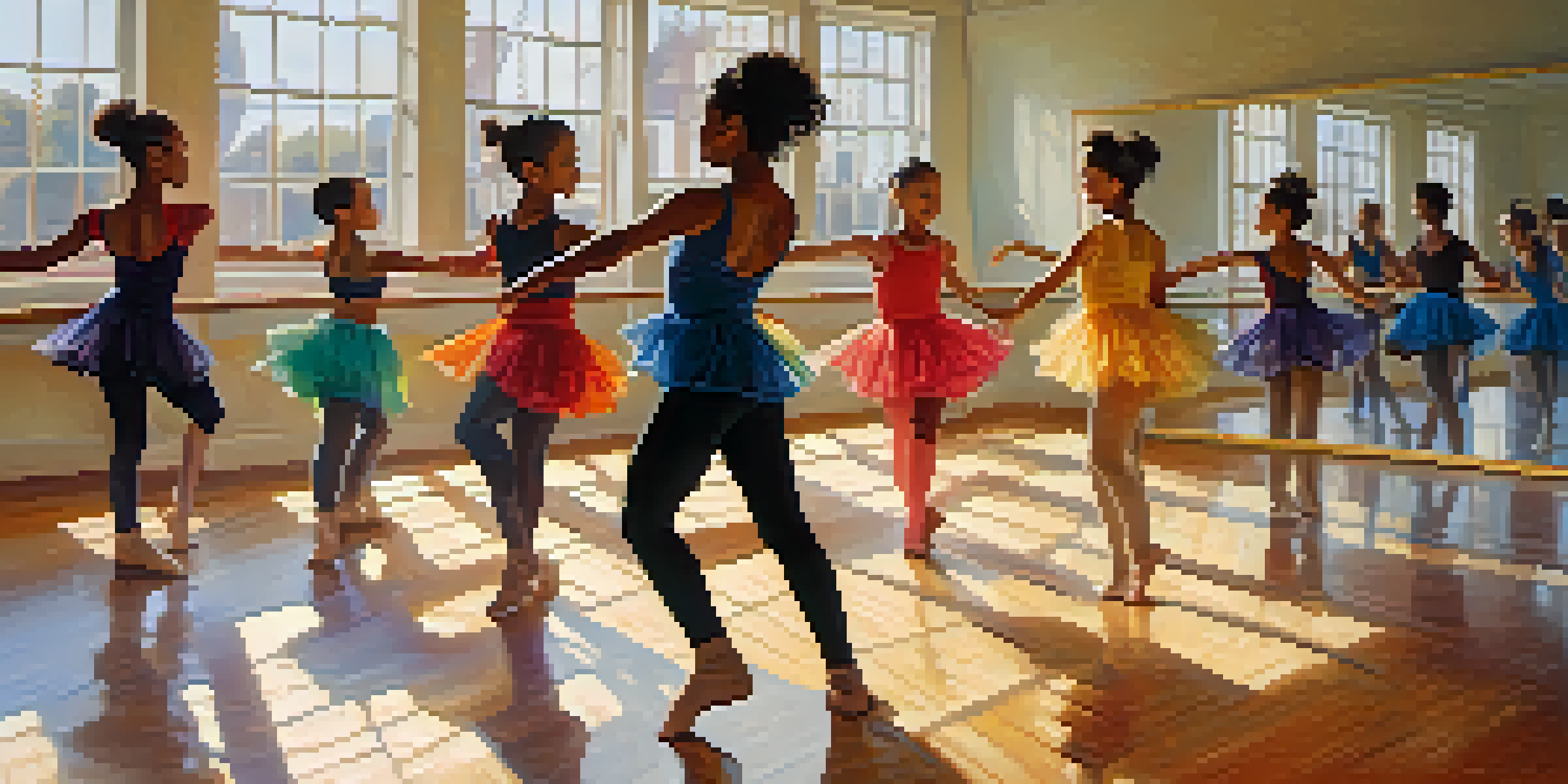 A vibrant dance studio with diverse young dancers practicing, sunlight streaming through windows, reflecting their movements in mirrors.