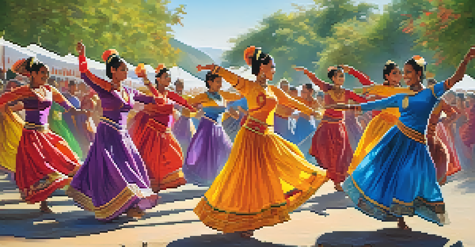A cultural festival featuring dancers from different backgrounds in colorful costumes, performing traditional dances under bright sunlight.