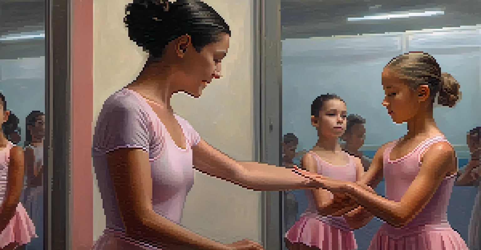 A dance teacher adjusting a student's arm position in a well-lit dance studio with mirrors.