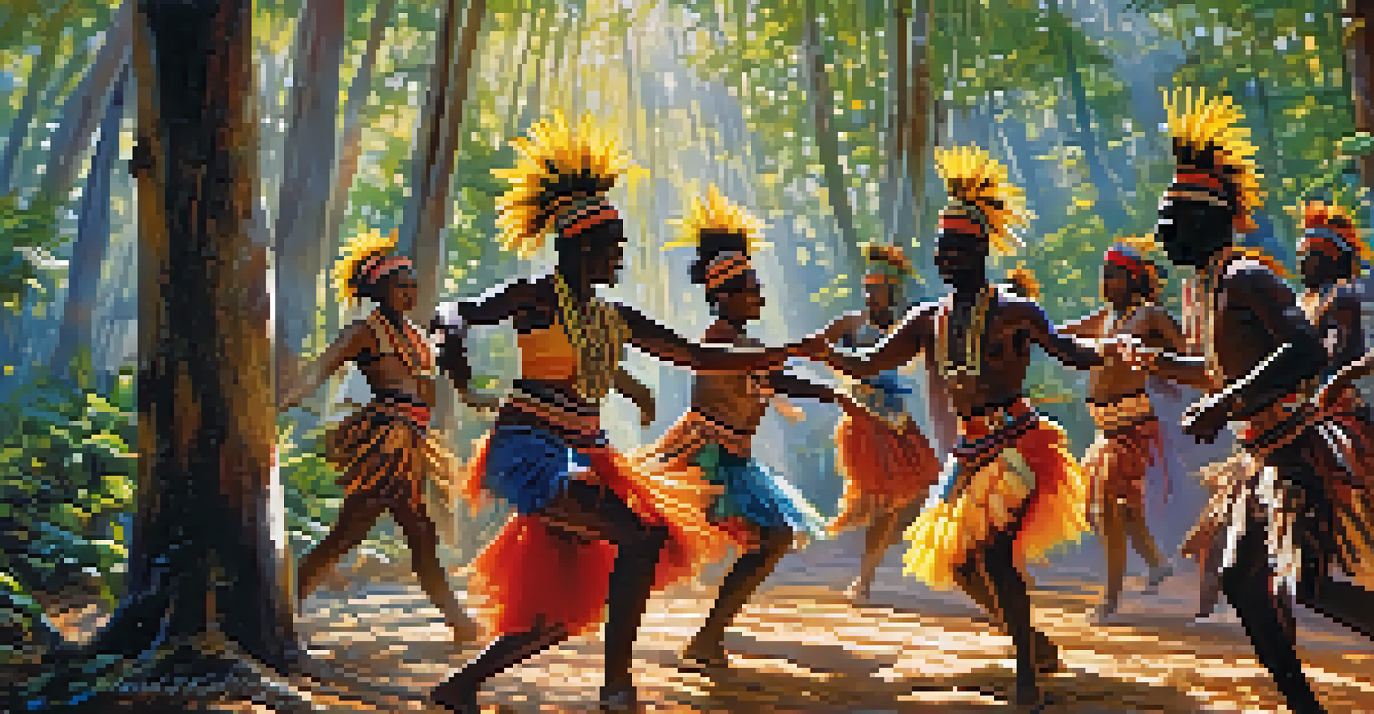 A group of dancers performing an African tribal dance in a forest, dressed in colorful traditional costumes.