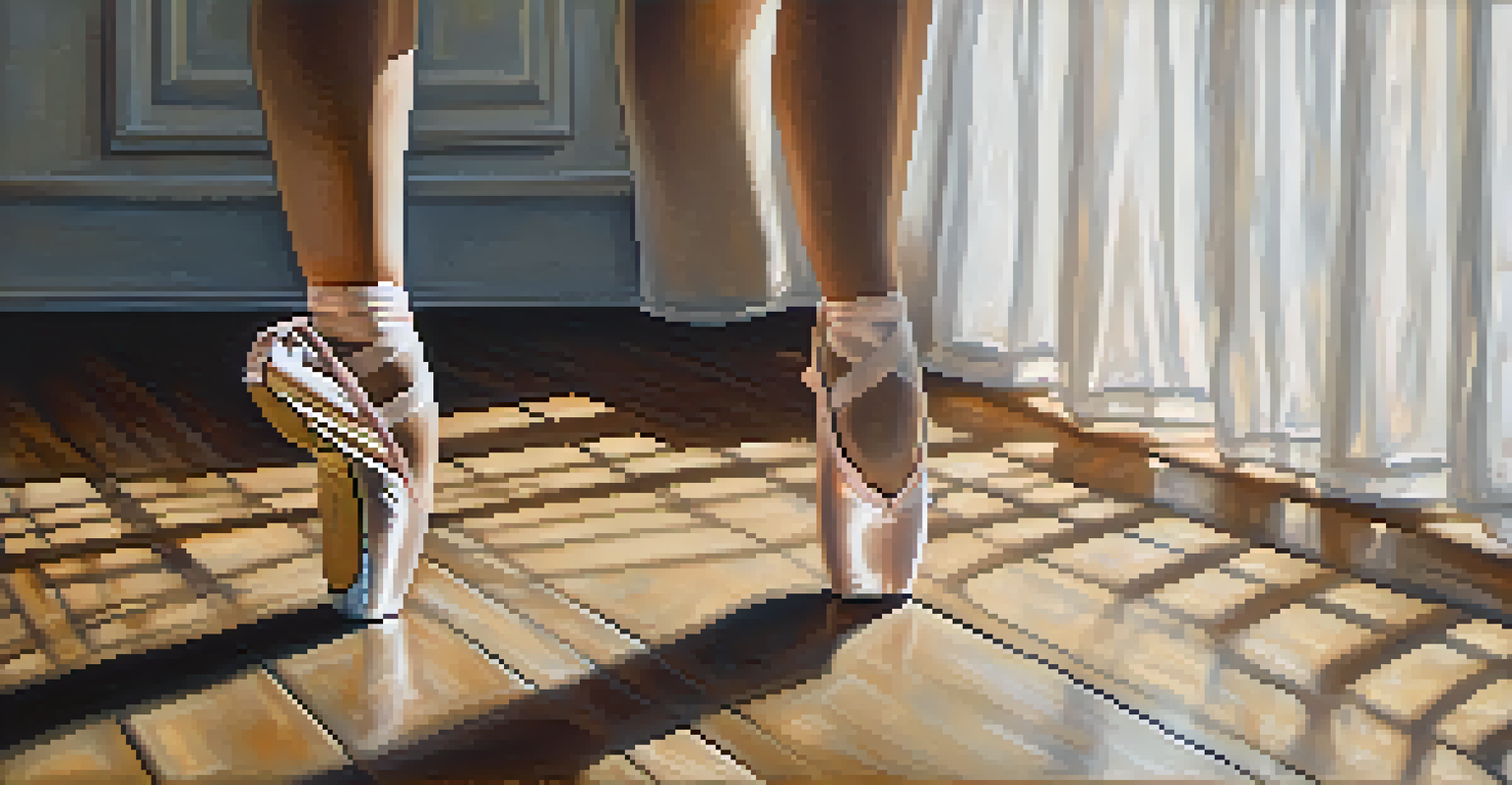 Close-up of a ballet dancer's feet in pointe shoes on a wooden stage, highlighting the elegance of ballet technique.