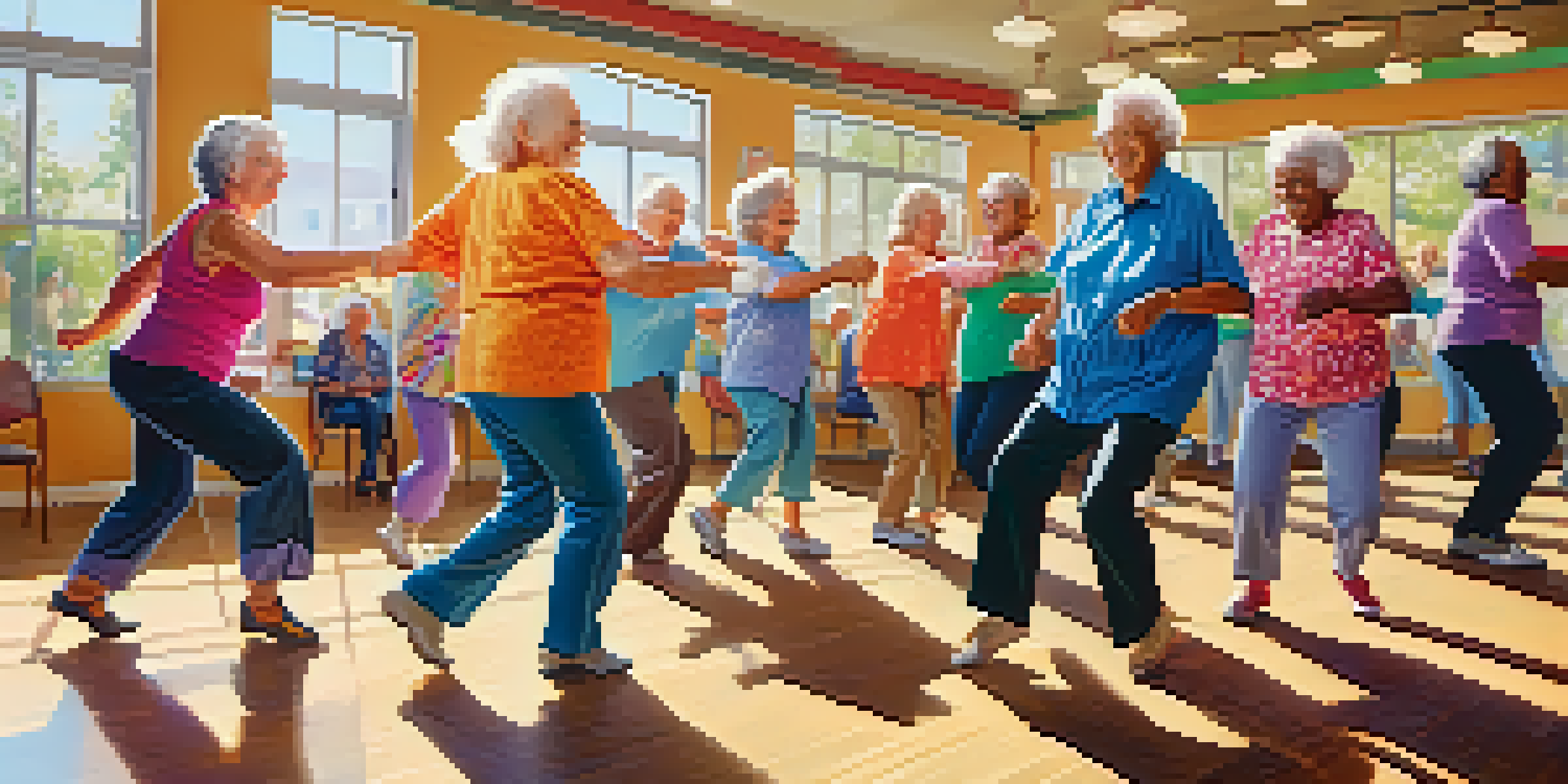 A group of seniors happily participating in a line dancing class in a bright and colorful community center, with sunlight streaming in.