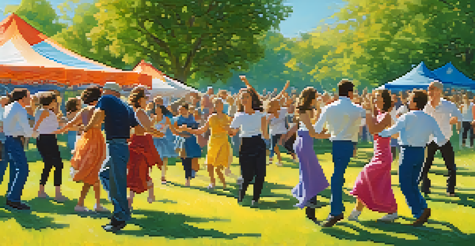 A vibrant outdoor community dance event in a park with participants of all ages dancing together under a clear blue sky.