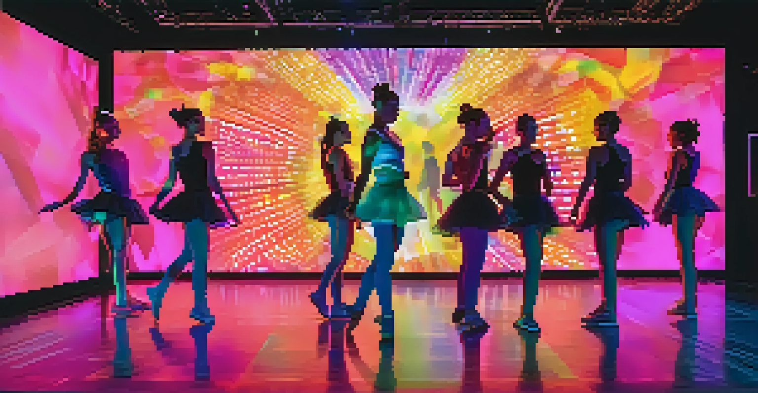 Dancers performing on stage with colorful projections behind them, creating an immersive dance experience.