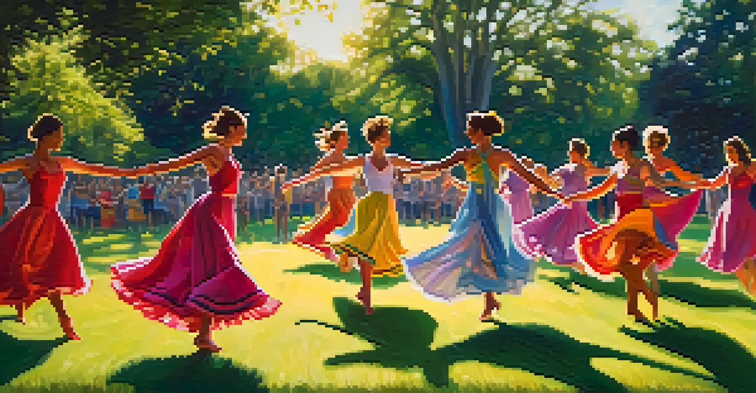 A group of dancers in vibrant costumes performing outdoors in a sunny park, surrounded by greenery.