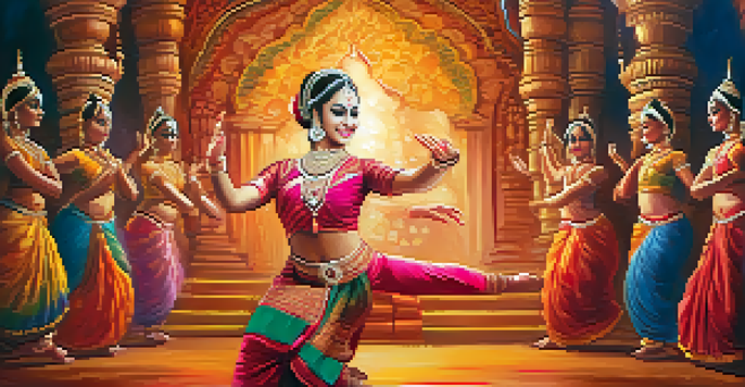 A dancer performing Bharatanatyam in a colorful traditional costume, surrounded by festive decorations and warm lighting.