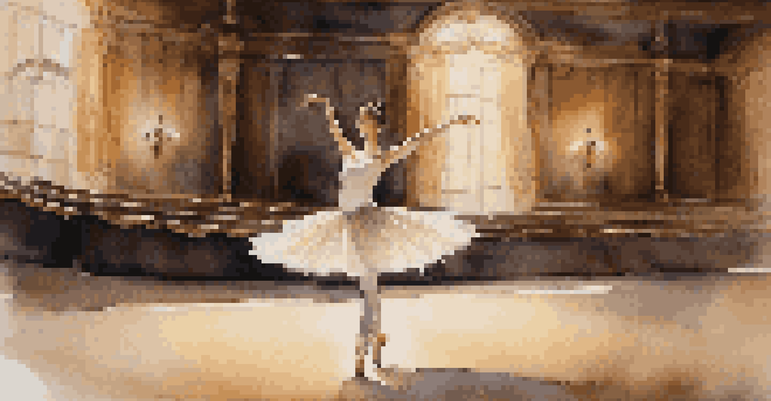 A ballerina in an elegant costume performing a pirouette on stage, illuminated by soft, warm lighting.