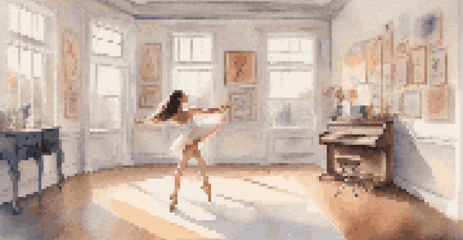 A dancer practicing in a home studio for a virtual dance competition, surrounded by mirrors and natural light.