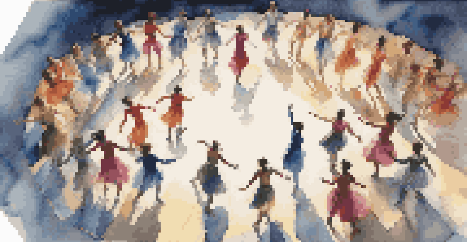An overhead view of dancers in colorful costumes forming a circle on stage, illuminated by dramatic lighting.