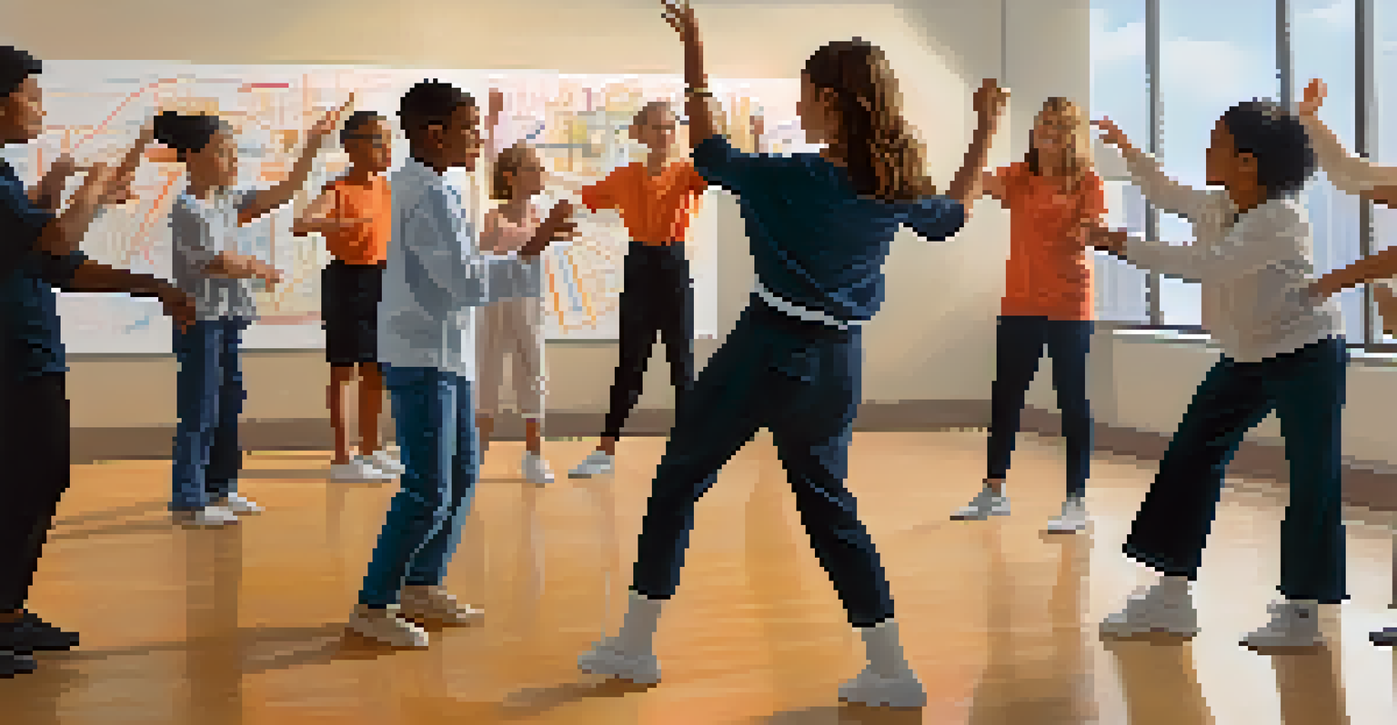 A facilitator demonstrating a dance move with visual supports, surrounded by engaged participants in a dance workshop, capturing a moment of learning and collaboration.