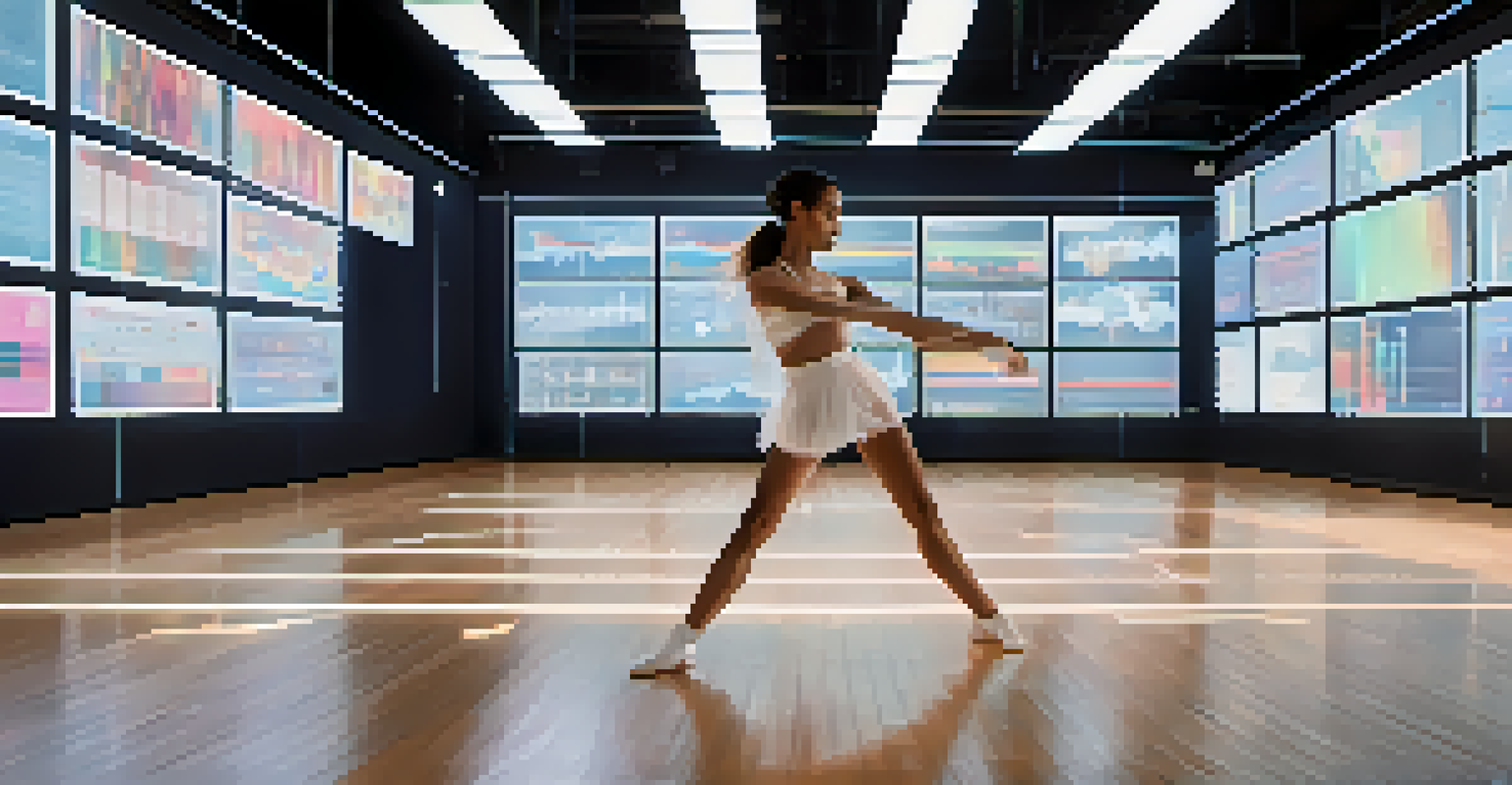 A dancer in a bright studio practicing while surrounded by holographic screens showing metrics like heart rate.
