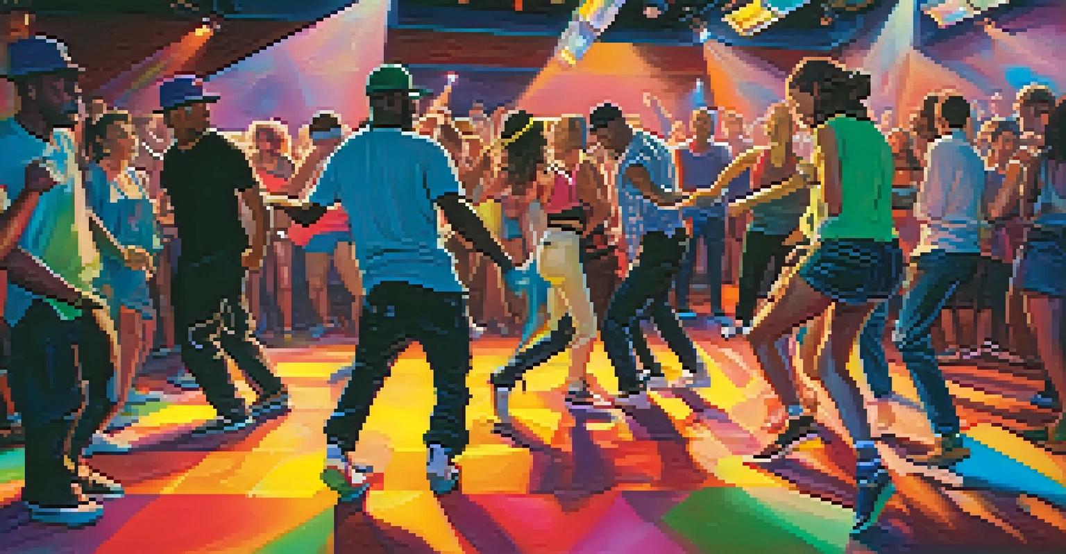 A lively house dance battle in a club, with dancers showcasing fluid movements and a cheering crowd.