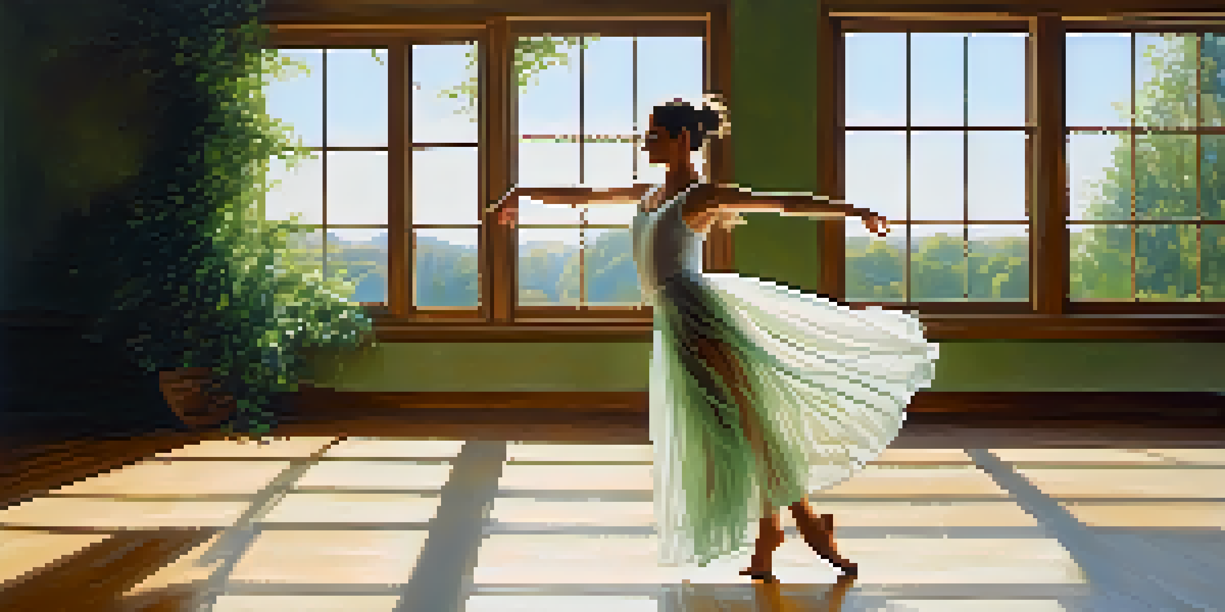 A dancer in a white dress twirls in a sunlit studio with large windows and polished wooden floors.