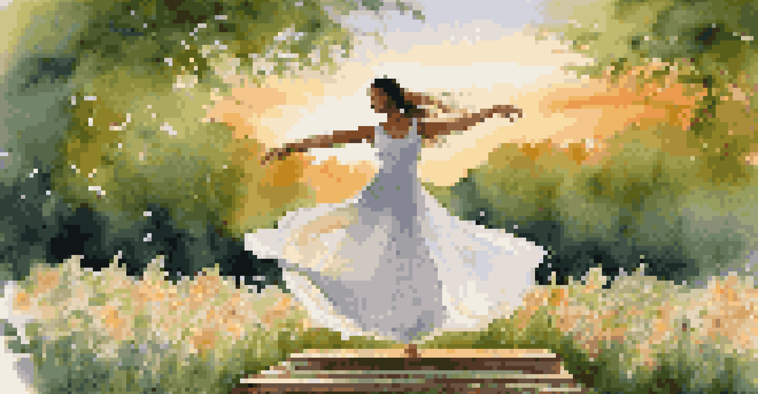 A solo dancer in a white dress performing gracefully on a platform in a park during sunset, surrounded by flowers.