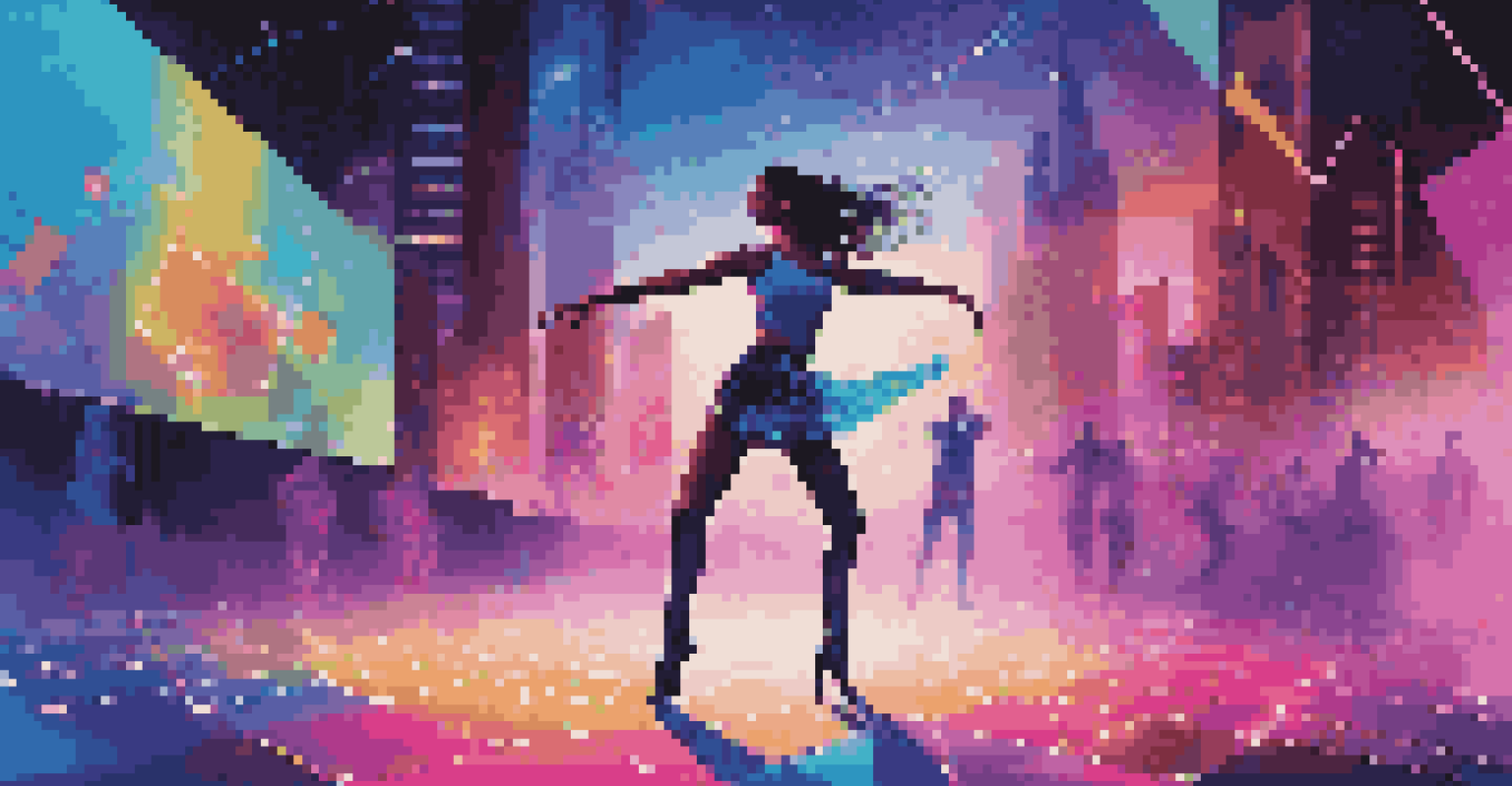 A dancer performing in a virtual reality setting with holographic elements and a futuristic city backdrop.