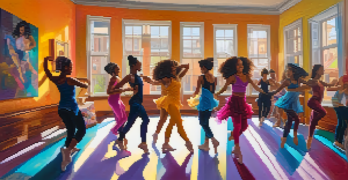 A diverse group of dancers joyfully performing in their living rooms, showcasing various dance styles with colorful decorations and soft lighting.