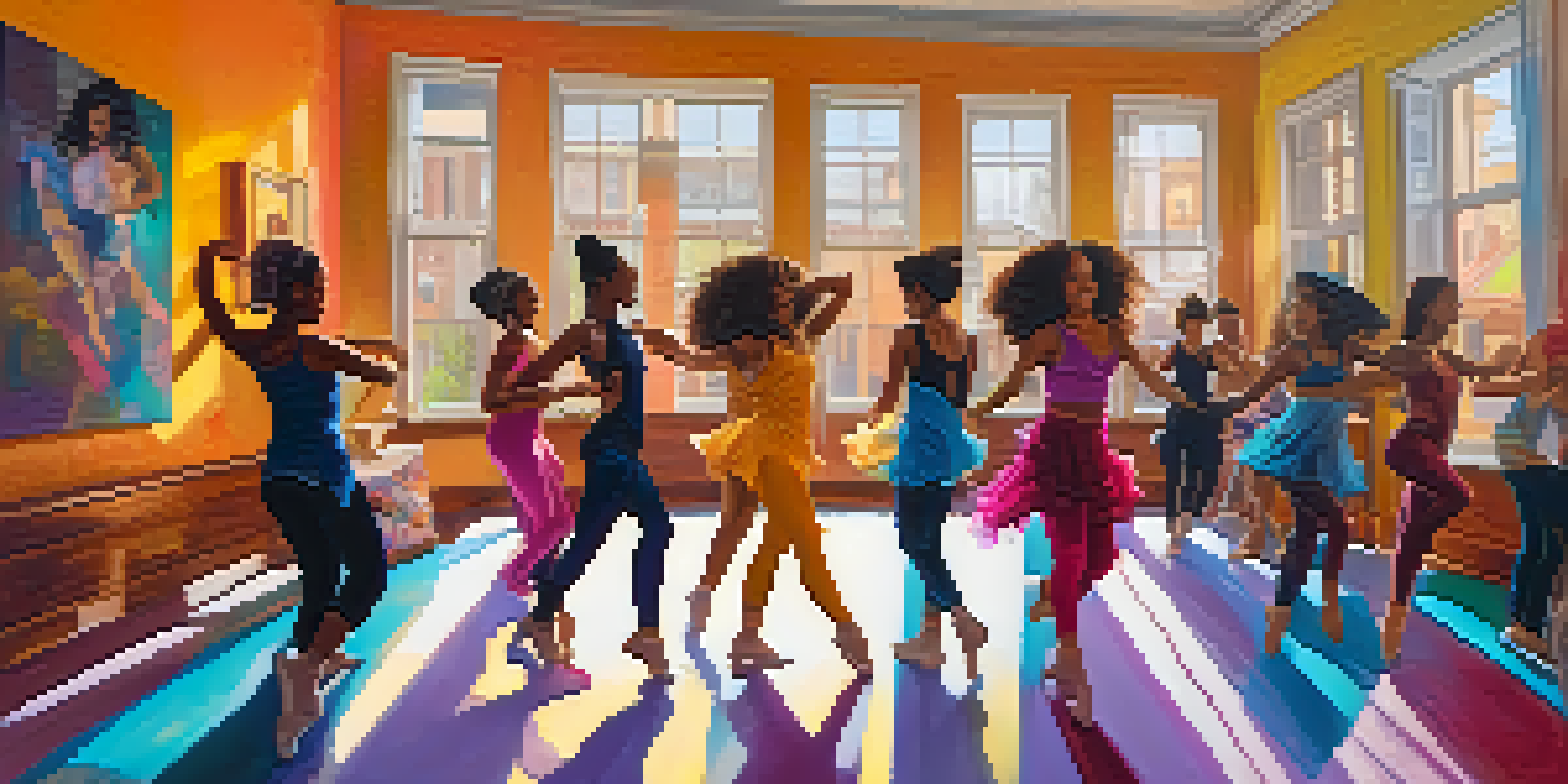 A diverse group of dancers joyfully performing in their living rooms, showcasing various dance styles with colorful decorations and soft lighting.