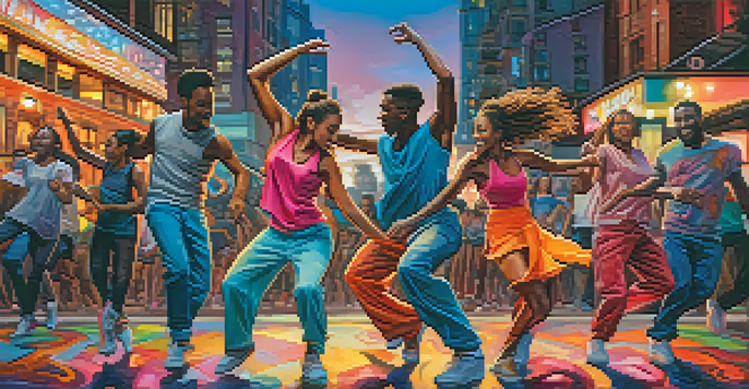A lively urban dance scene with diverse dancers expressing joy, set against colorful graffiti and city lights at dusk.