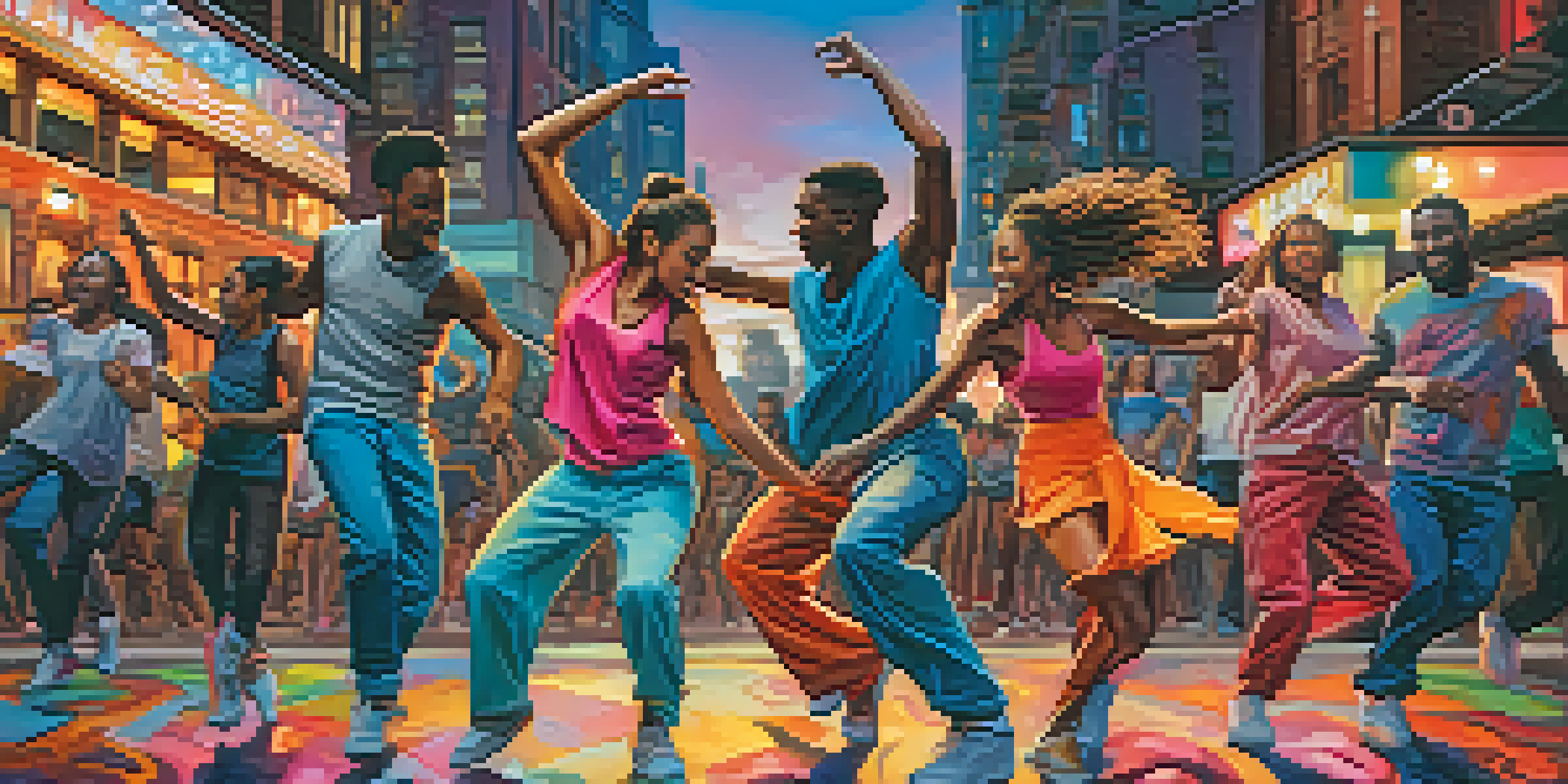 A lively urban dance scene with diverse dancers expressing joy, set against colorful graffiti and city lights at dusk.