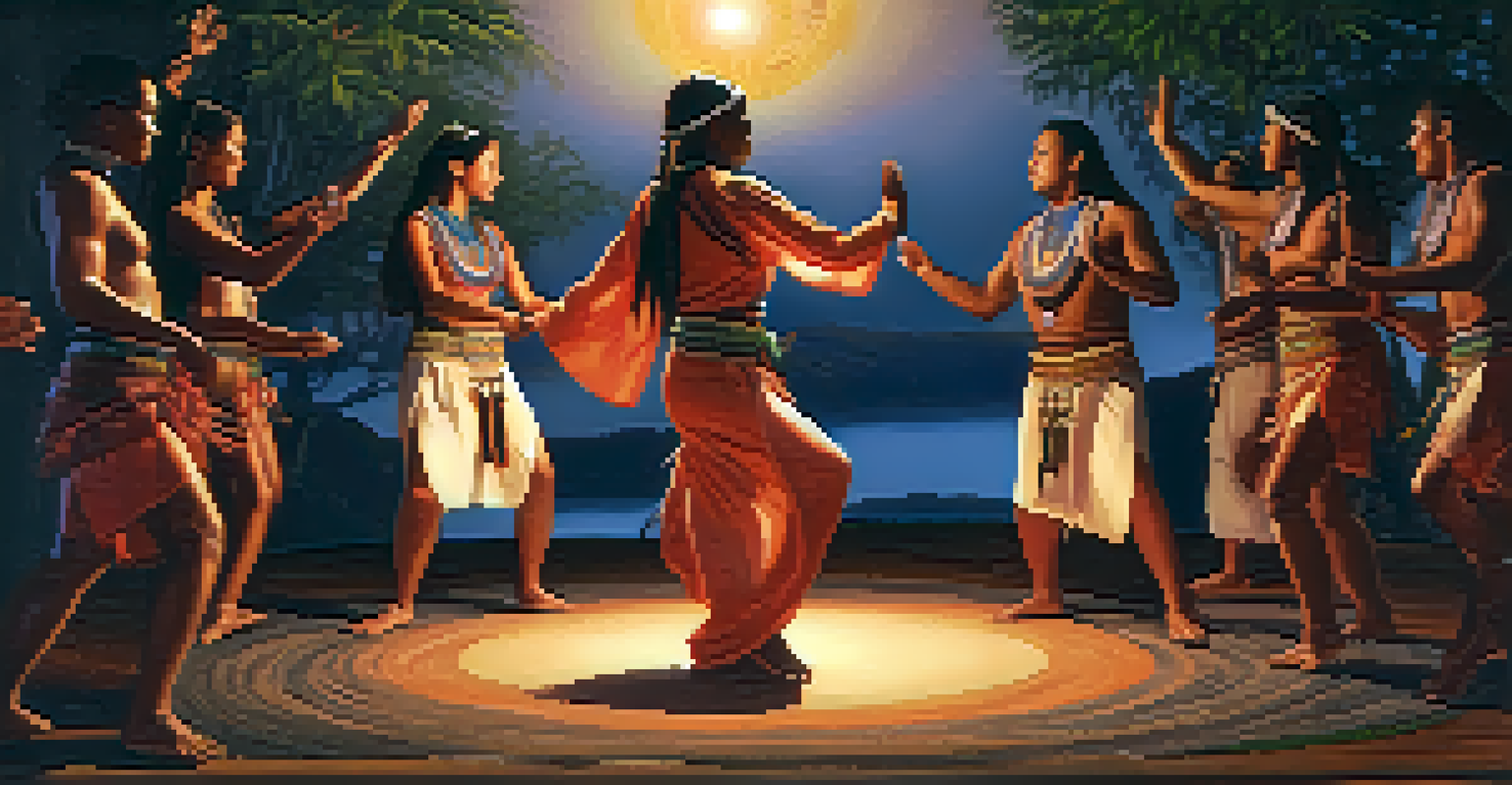 A serene indigenous healing dance with dancers in symbolic attire, surrounded by candles and natural elements, reflecting a spiritual atmosphere.