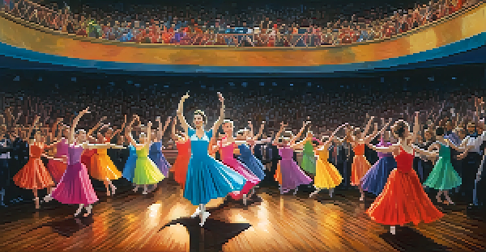 A lively dance competition with performers in colorful costumes on stage, bright lights shining down, and an enthusiastic audience clapping in the background.