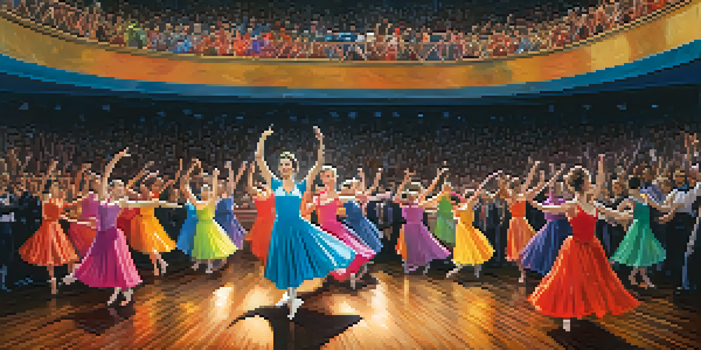 A lively dance competition with performers in colorful costumes on stage, bright lights shining down, and an enthusiastic audience clapping in the background.