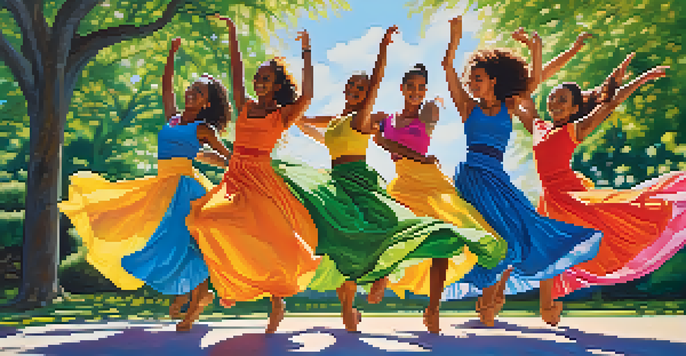 A group of diverse dancers in a sunlit park, wearing colorful attire, expressing joy and freedom through movement amidst lush greenery.